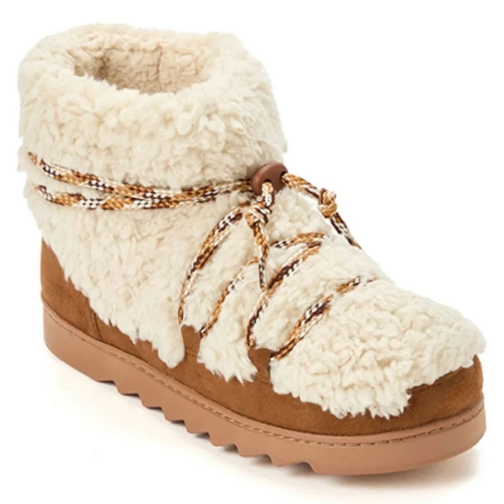 dearfoams Cream Sherpa Lace-Up Booties with Brown Suede Trim - Picture 2 of 12